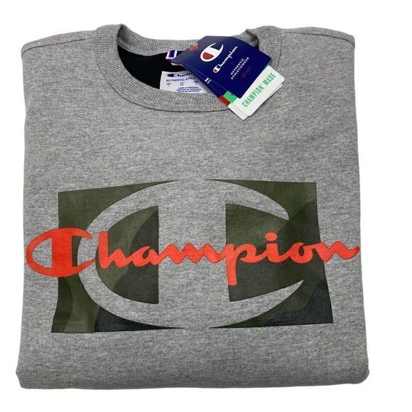 Champion Graphic Powerblend Crewneck Sweatshirt Men Adult Large Gray NWT - Picture 1 of 13